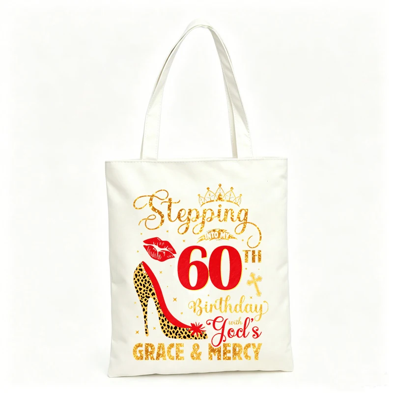 Women's canvas tote bag with high heel and crown graphic, ideal for birthday celebration and casual outings
