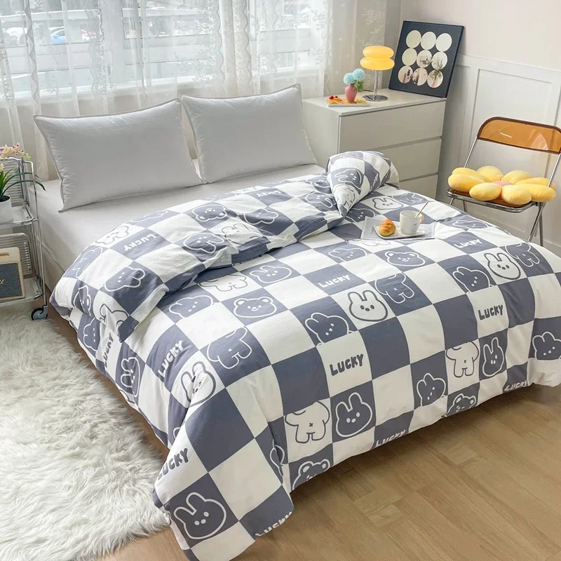 1PC Lucky Rabbit Checkerboard Pattern Duvet Cover 100% Cotton Geometric Printed Comforter Cover Soft Comfortable Queen Bedding