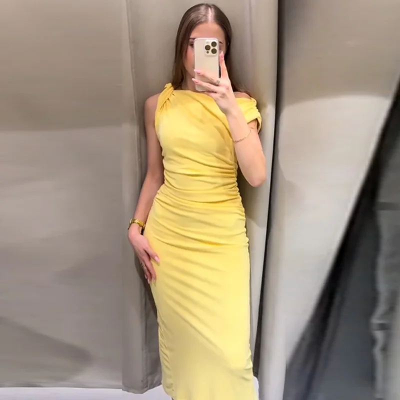 HXAO Women's Ruffled Yellow Dress Summer 2025 Elegant Asymmetric Beach Holiday Resort Dress Midi Sleeveless Slit Ruched Vestidos