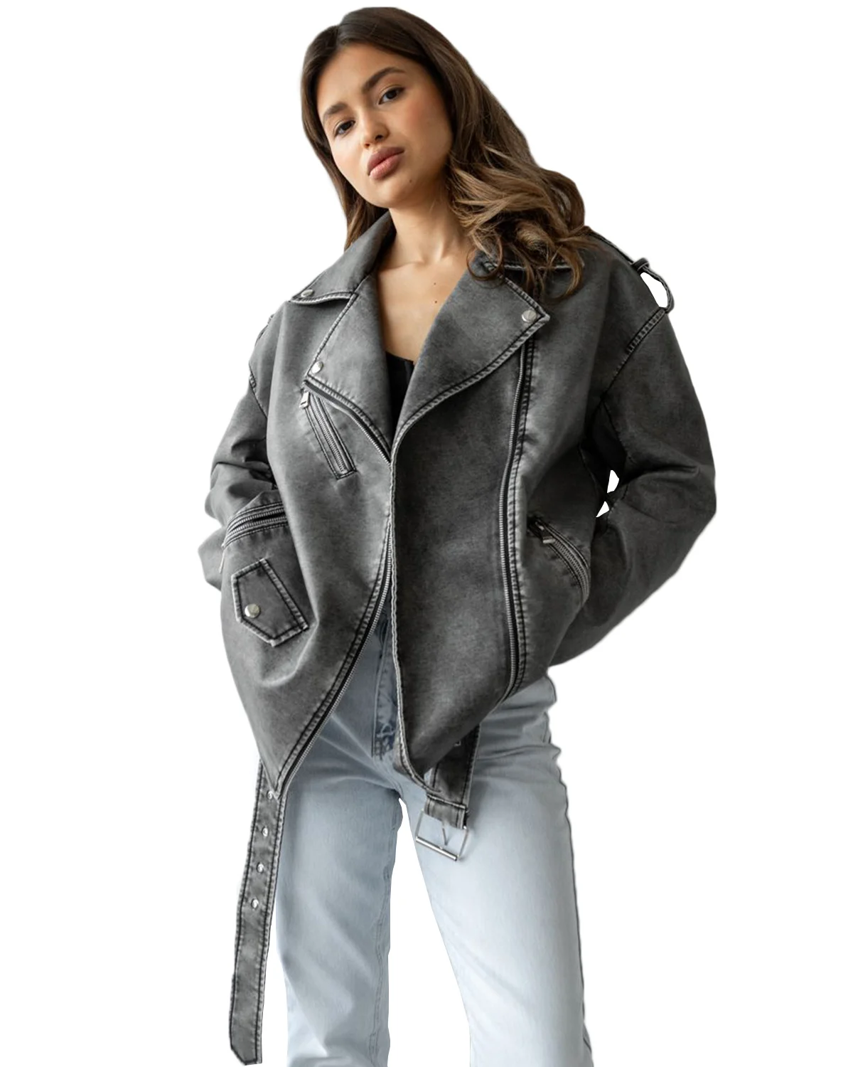 Fitaylor Casual Women Faux PU Leather Jacket Vintage Lapel Zipper Moto Biker Coat Lady High Street Outwear