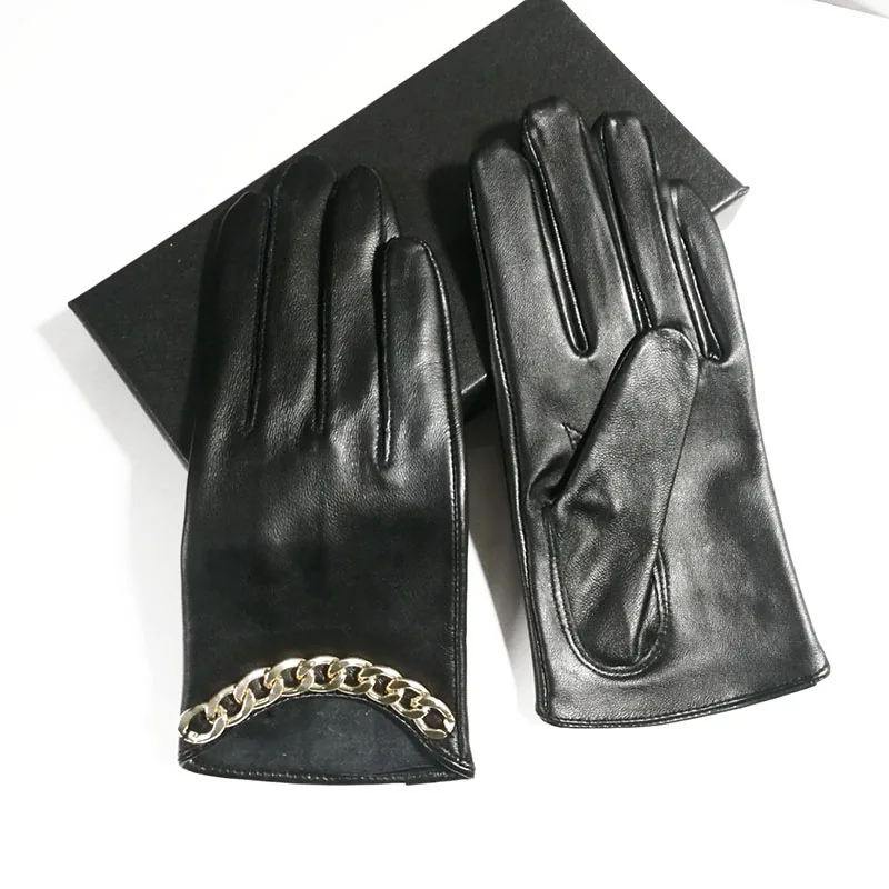 

Women's Black Real Leather Gloves Golden Chain Short Genuine Sheepskin Evening Christmas Cosplay Fashion Show Glove