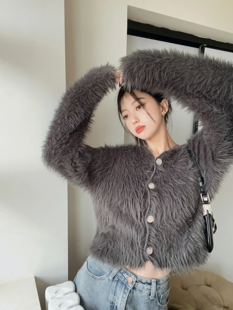 KUSAHIKI Korea Faux Mink Cashmere Knitted Coat Elegant Short Sweater Cardigan Women Autumn Fashion Knitwear Outwear Top 2023 New