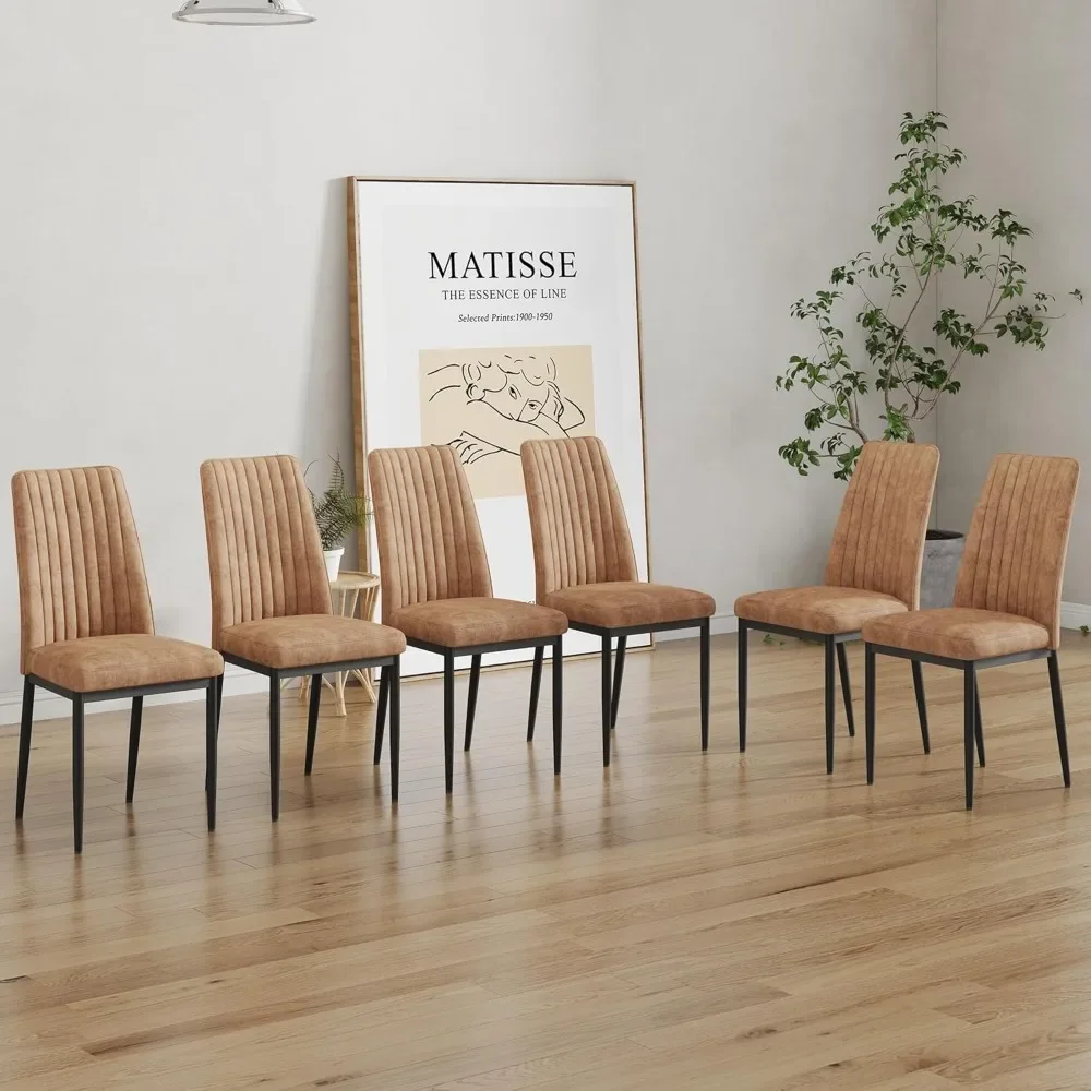 Brown Dining Chairs Set of 6, Comfortable Dining Room Chair, Metal Kitchen Chairs with PU Leather and High Back