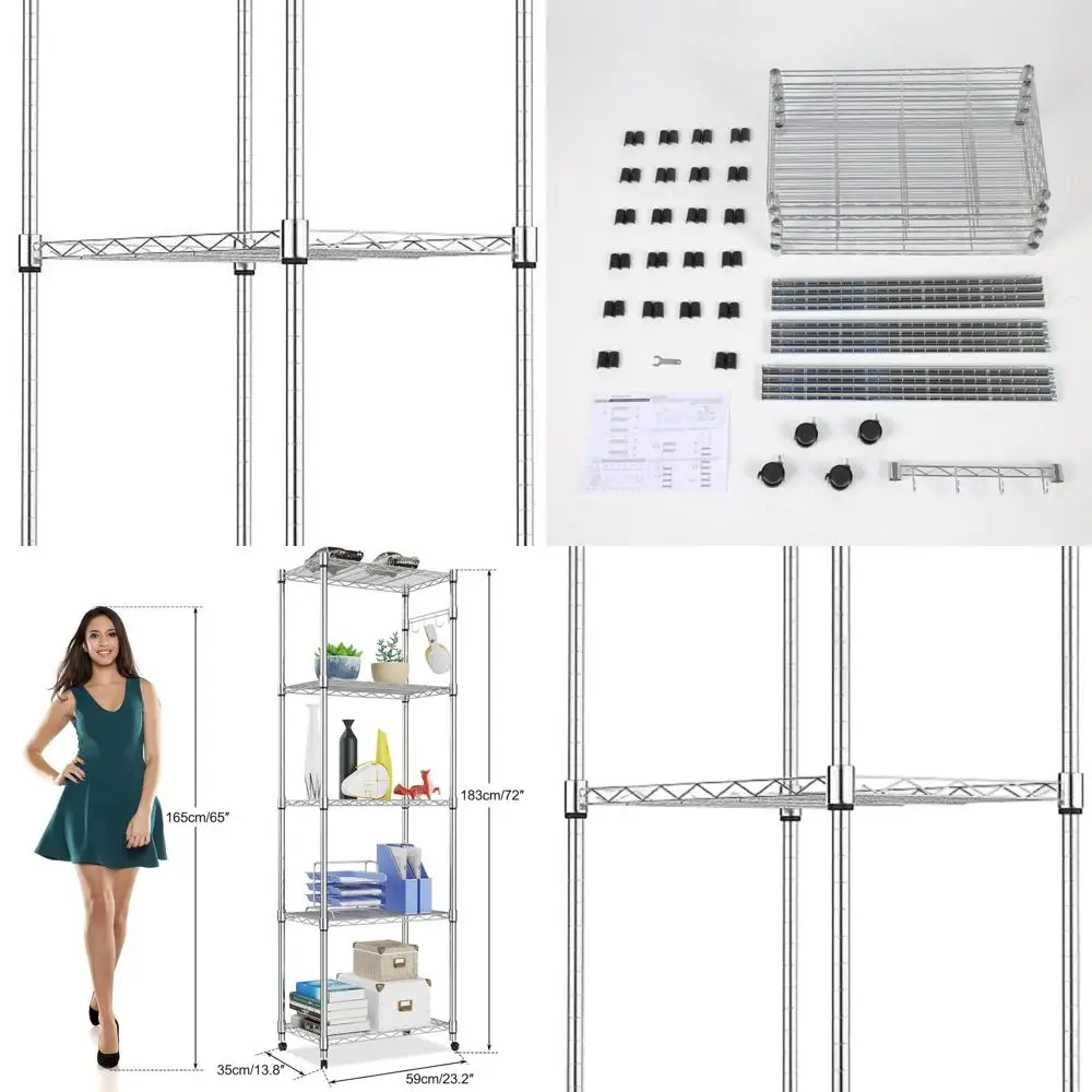 

5-Tier Chrome Steel Shelving with Wheels, Heavy Duty Rack for Garage, Kitchen, Living Room - 23.2L x 13.8W x 72H