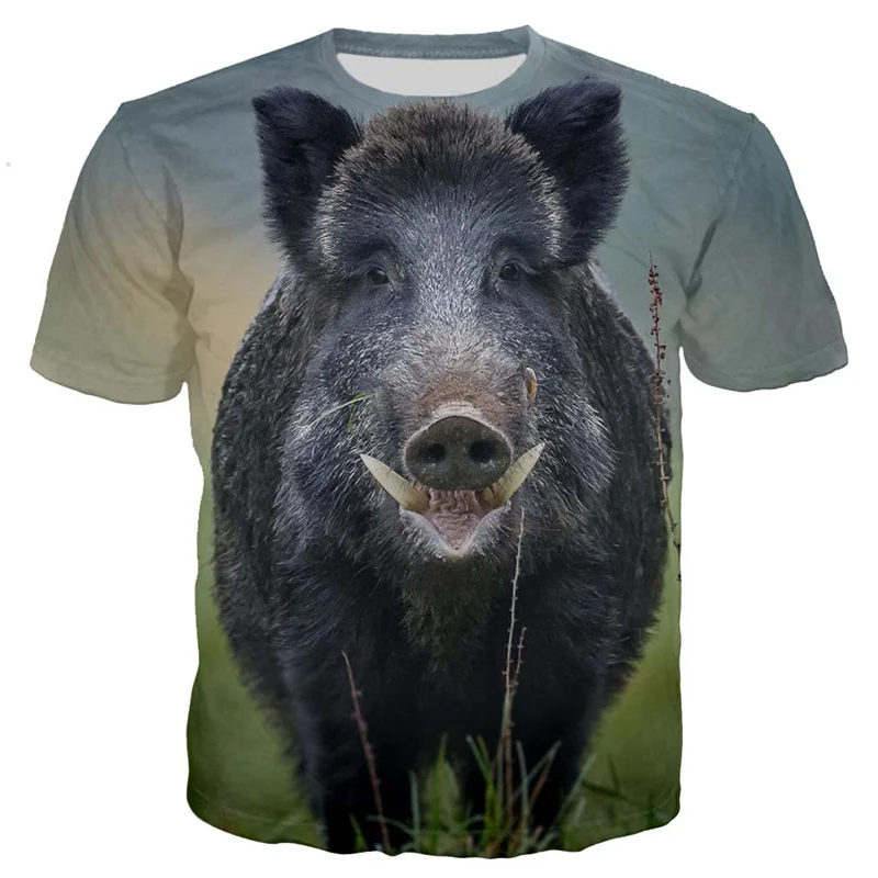 3d Printed Wild Boar Pig T-Shirt Men Graphics Black Tops Tees Casual Round Neck Short Sleeves Personalized T Shirt Streetwear