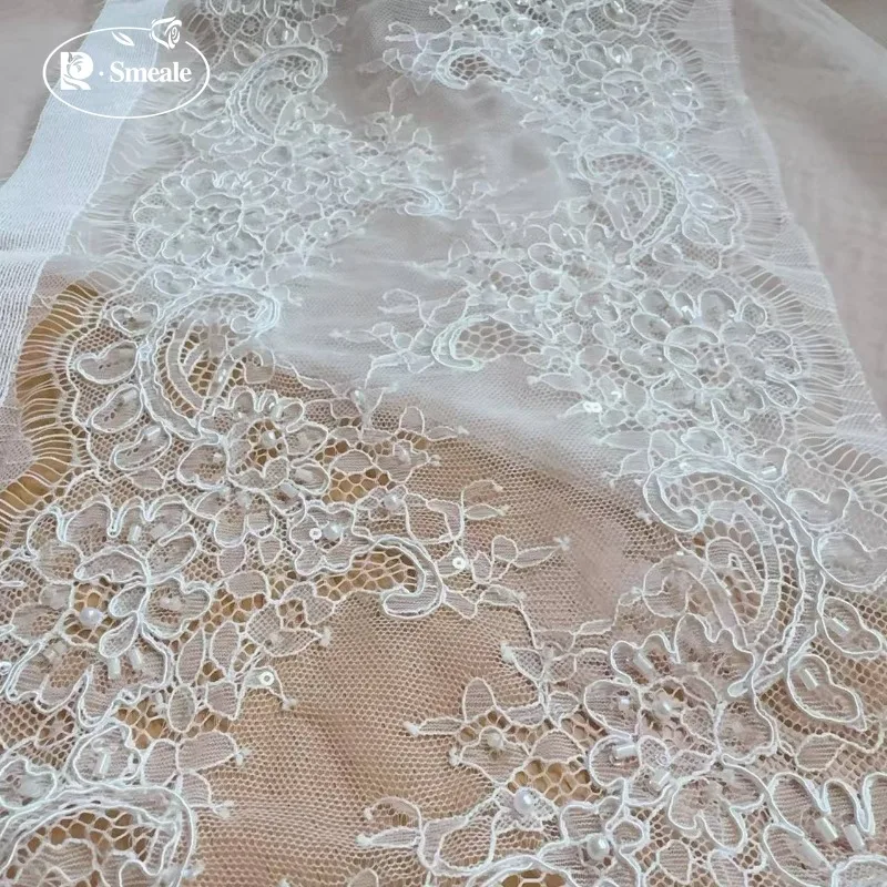 3 Meter/Stück. Hochwertiger weißer Perlenstickerei-Spitzenkopfschleier, Hochzeitskleid, Dekorationszubehör, handgemachte DIY-Nähzubehörteile. – Detail 9