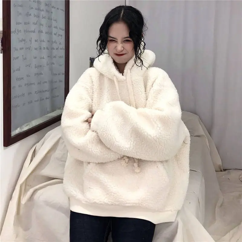 Harajuku Fleece Sudaderas Mujer Solid Lamb Wool Women Oversize Hooded Y2k Sweatshirts Preppy Style Korean Thick Winter Coats