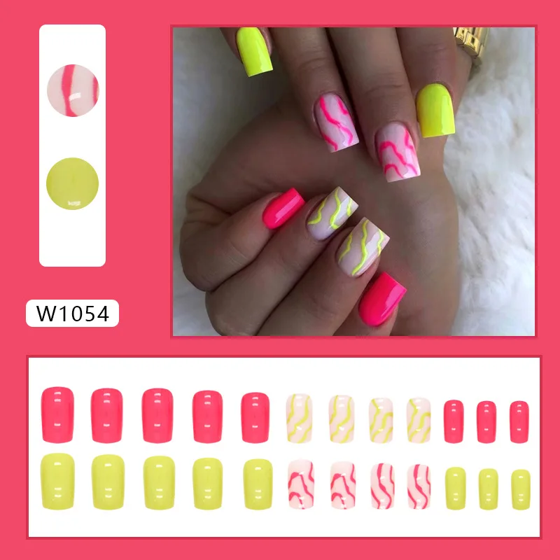 

24pcs Y2K Press-On Nails - Barbie Pink & Mustard Swirl Medium Square Shape (Multi Sizes) False Nail For Women Girl