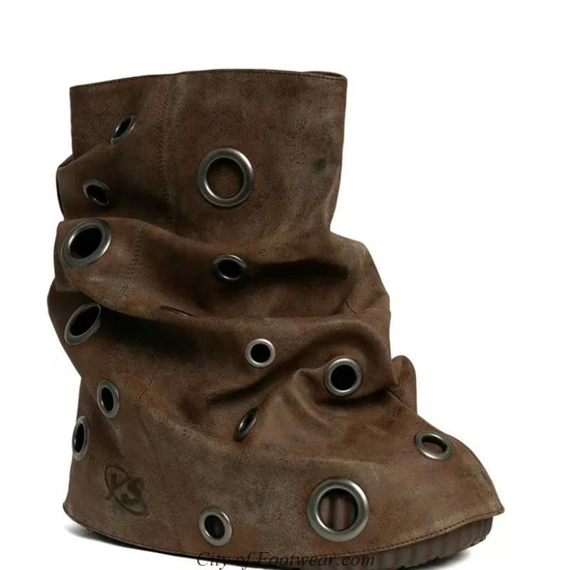Women's Thick Sole Black/Brown Shark Boots Round Toe Suede Leather Mid Calf Boots Sweet Y2k Cool Luxury Designer Causal Shoes - view 4
