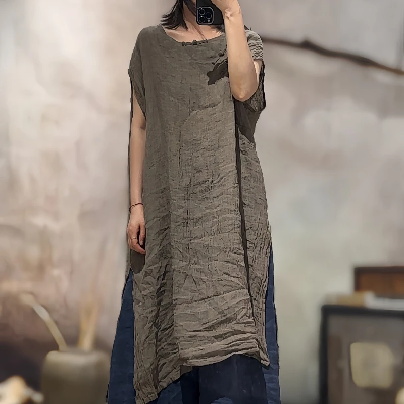 2025 Summer Vintage Chinese Style Long Split TEE Women Sleeveless Vest Femme Plus Size Loose Basic Simple Vintage Dress Clothes