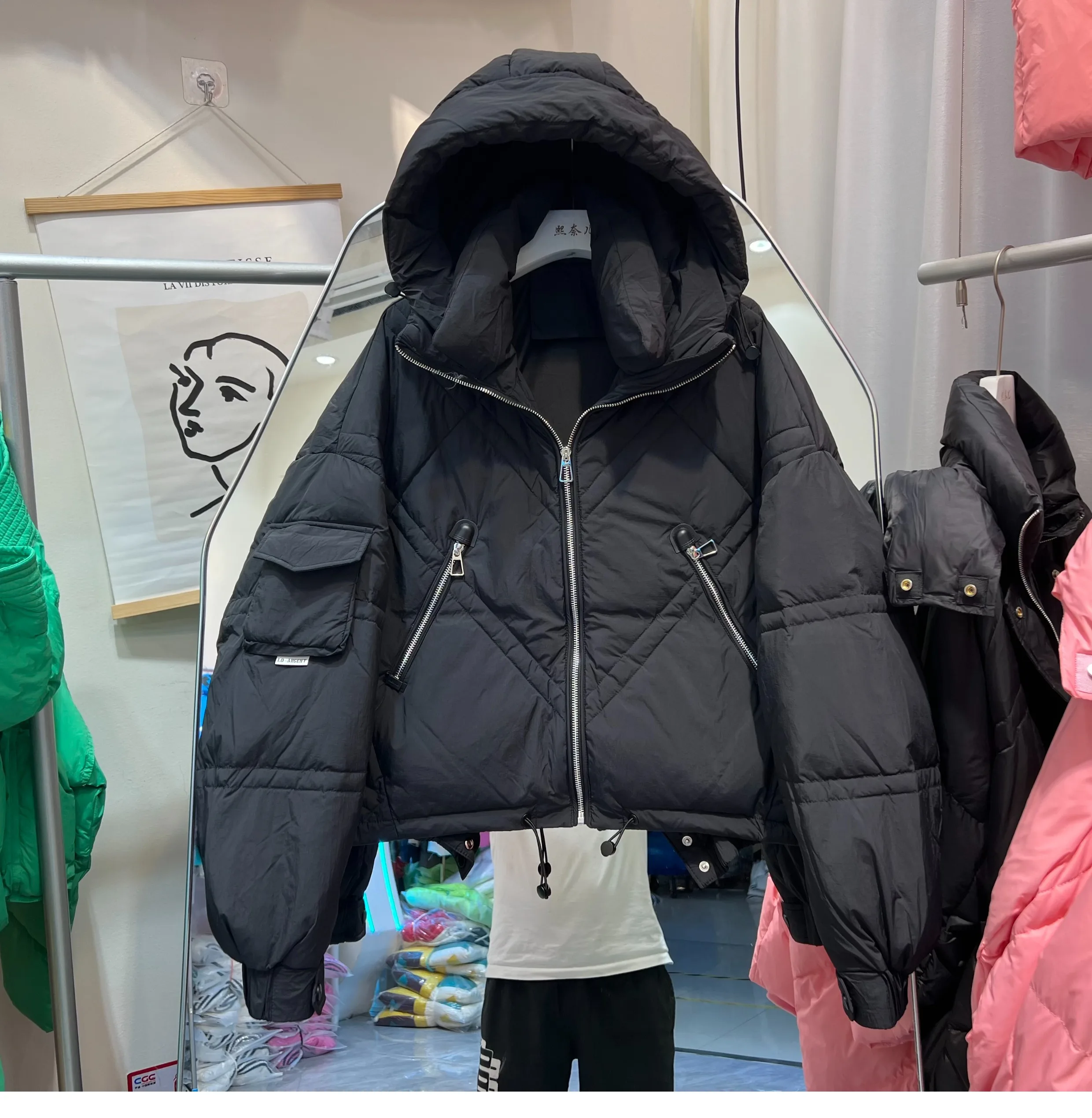 2023 Winter Womens Zipper Candy Color Puffer Jacket Female Loose Warm Short Hooded Parkas Long Sleeve Pocket Down Coats