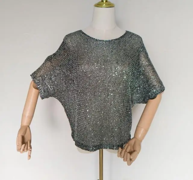 Shiny Sequin pullovers Women short Sleeve Pullover tops women Golden Basic Shirt Sequin Knit Tops