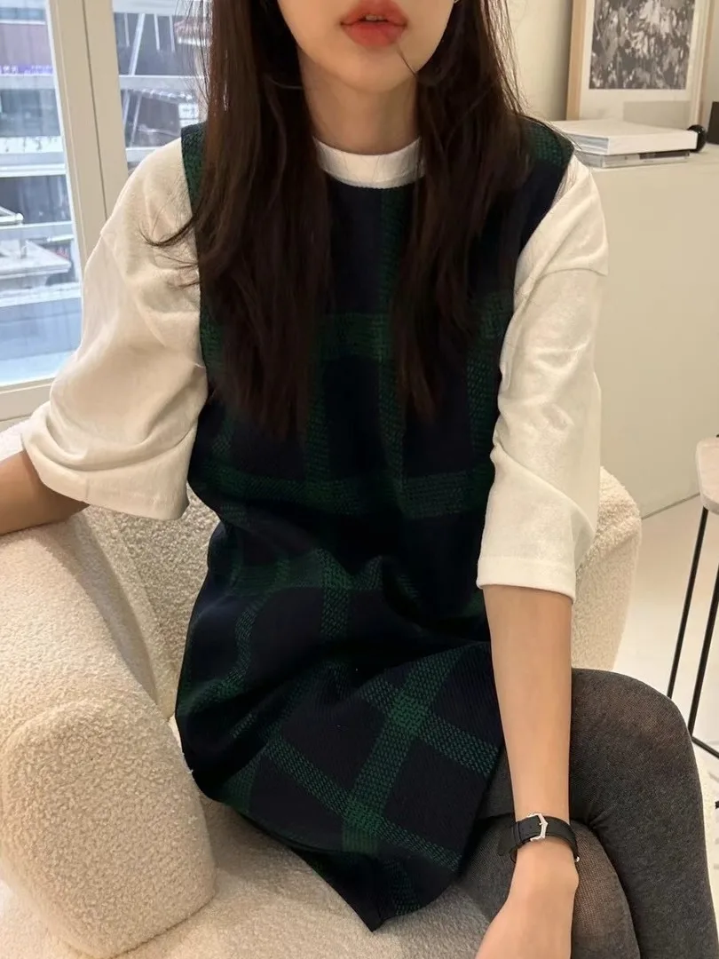 Chique simples xadrez feminino dr coreano sle ort sve ci commute vintage personali camadas design colete saia