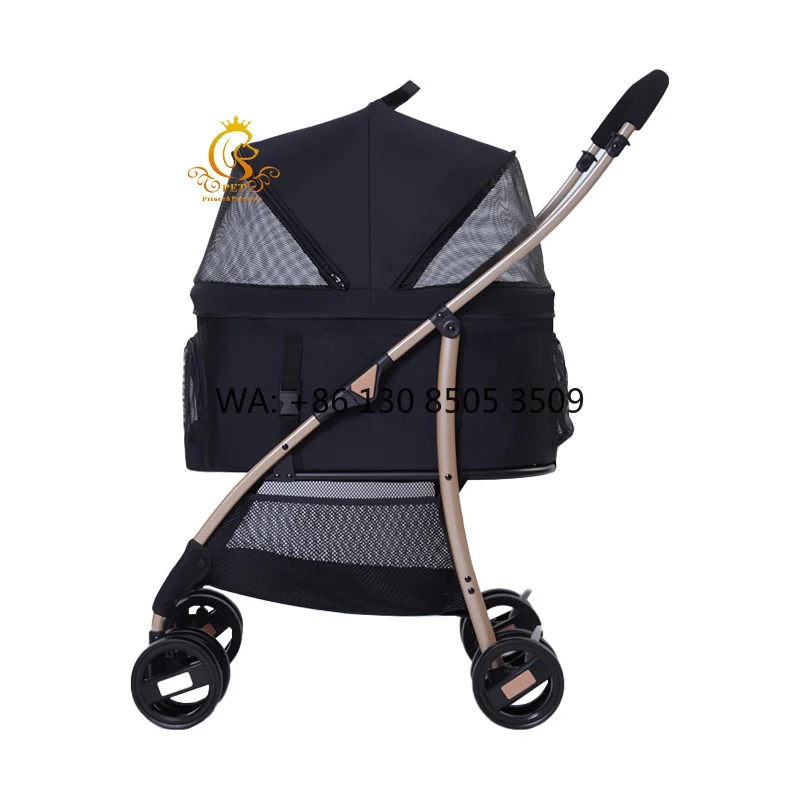 

EUR VET Factory Supply Top Sale Portable Removable and Easy Use Fold Black Gold Dog Cat Pram Pet Stroller