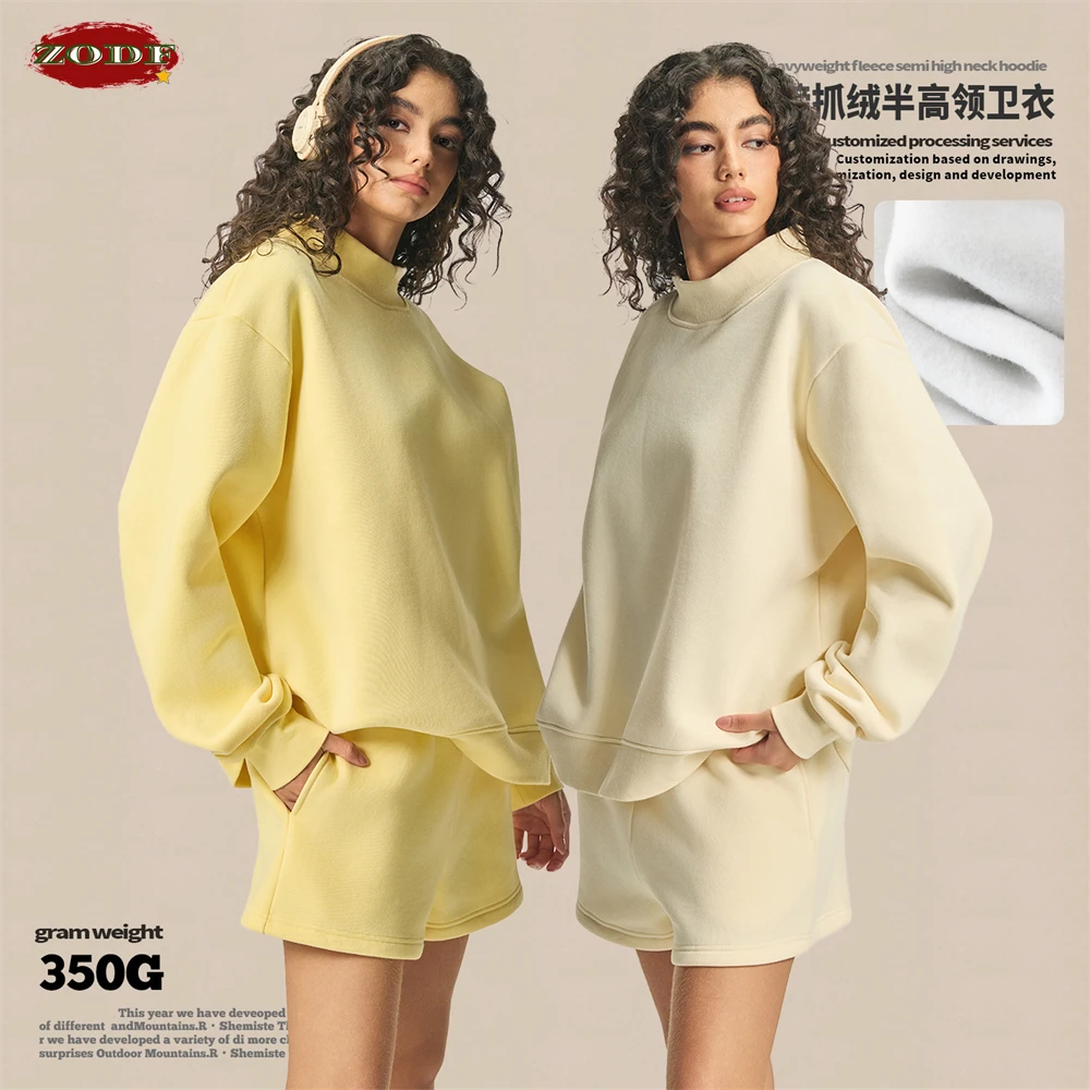 ZODF 2025 Winter Women 350gsm Warm Fleece Sweatshirts Girls Female Hip Hop Half Turtleneck Pullovers Brand Clothing HY056