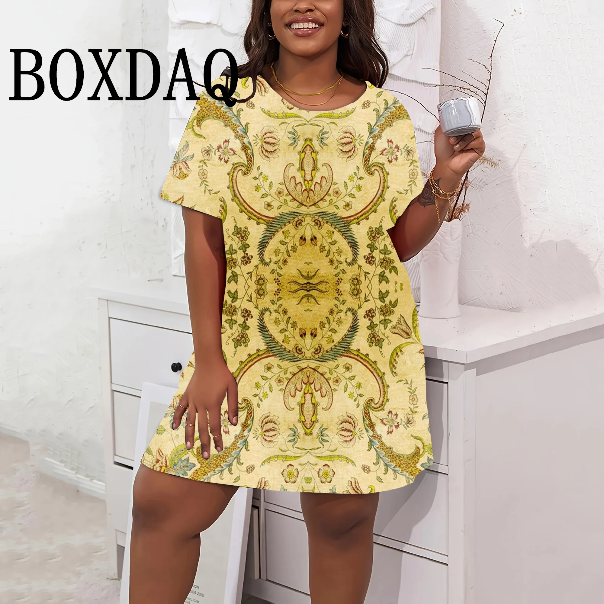 Elegant Women's Plus Size Dresses Fashion Floral Patter Popular Women's Print Dress Retro Leisure Women Loose Short Sleeve Dress