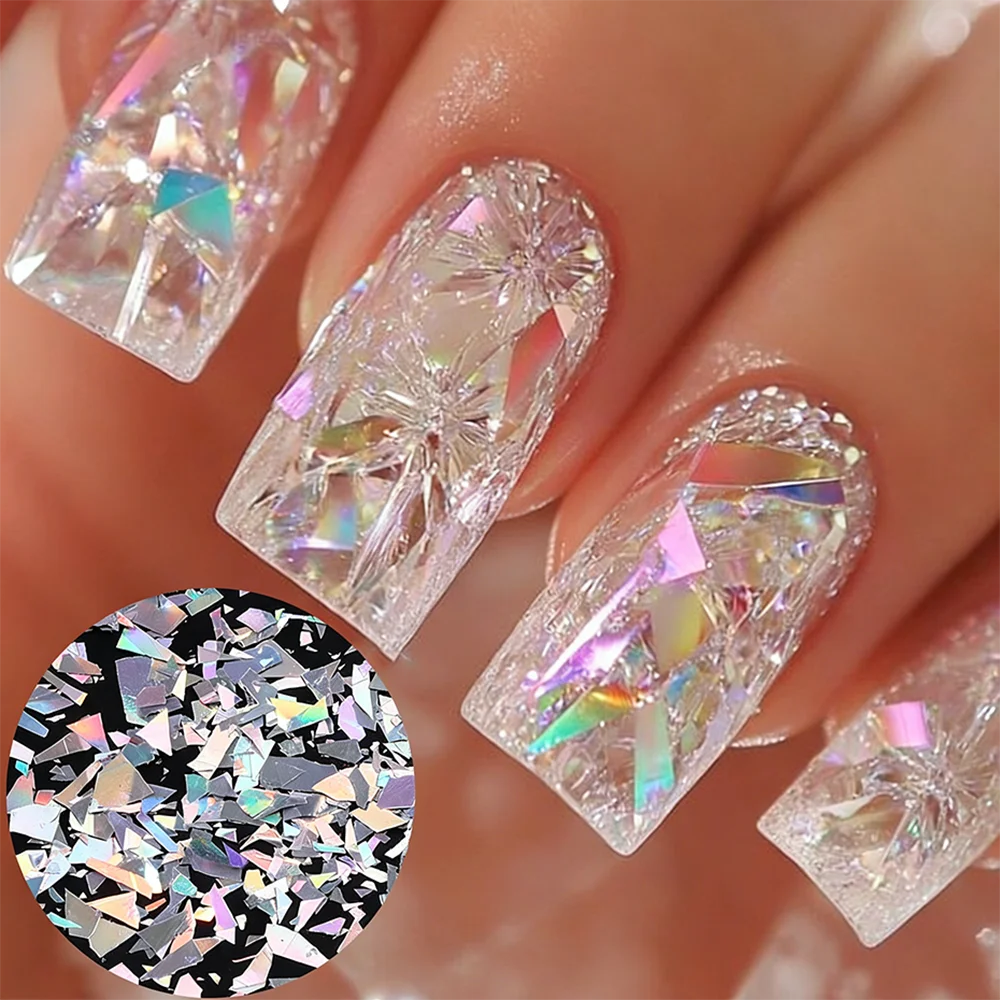 

3D Holographic Irregular Nail Flakes Iridescent Broken Diamond Glass Glitter Sequins Nail Art Decorations For Manicure Tips DIY