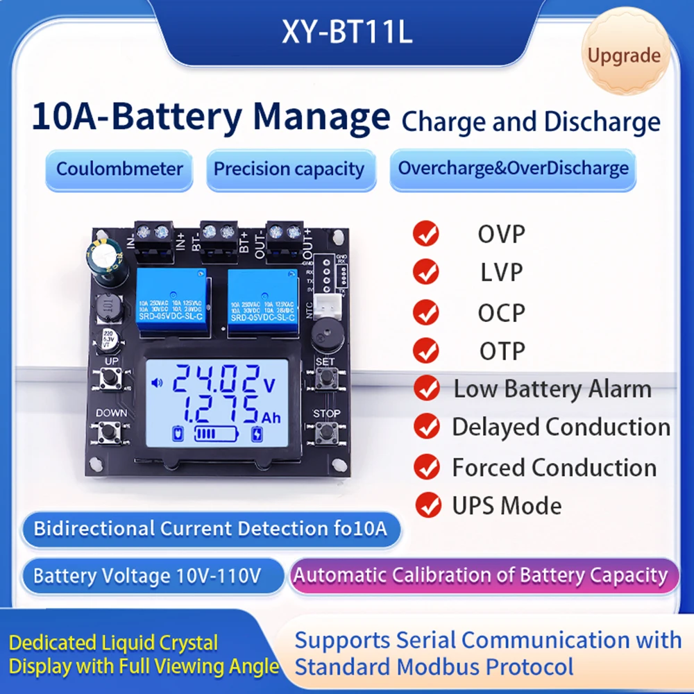 BT11/11L Battery Capacity Tester10A Coulomb Meter Bidirectional Current Detection 10V-110V Battery Manage Charge/Discharge Meter