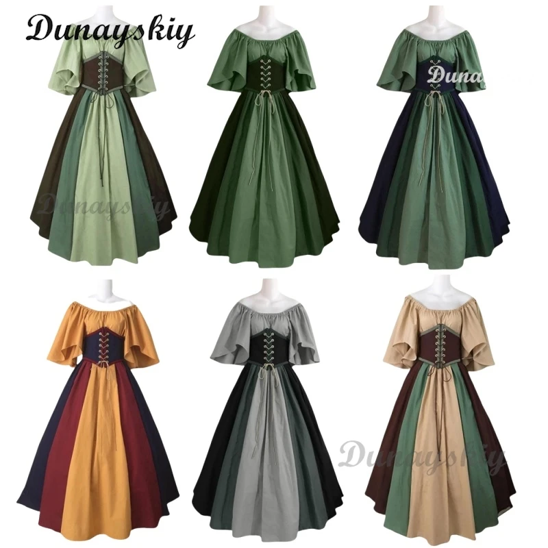 

Women Patchwork Medieval Renaissance Dress Halloween Gothic off Shoulder Retro Long Dress Flare Sleeve Ball Gown Cosplay