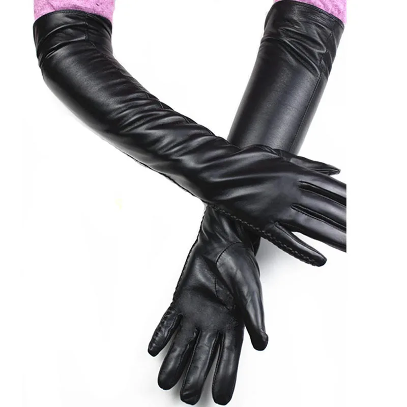 Guantes largos de piel de oveja para mujer, de piel auténtica, hasta el codo, estilo de botón a la moda, forro de terciopelo, calidez para otoño e invierno