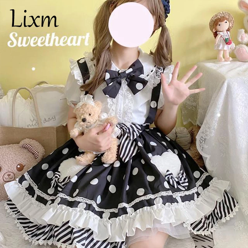 Robe Lolita à pois pour tous les jours, jupe Boba + chemise, tenue princesse Kawaii pour fête thé, style université