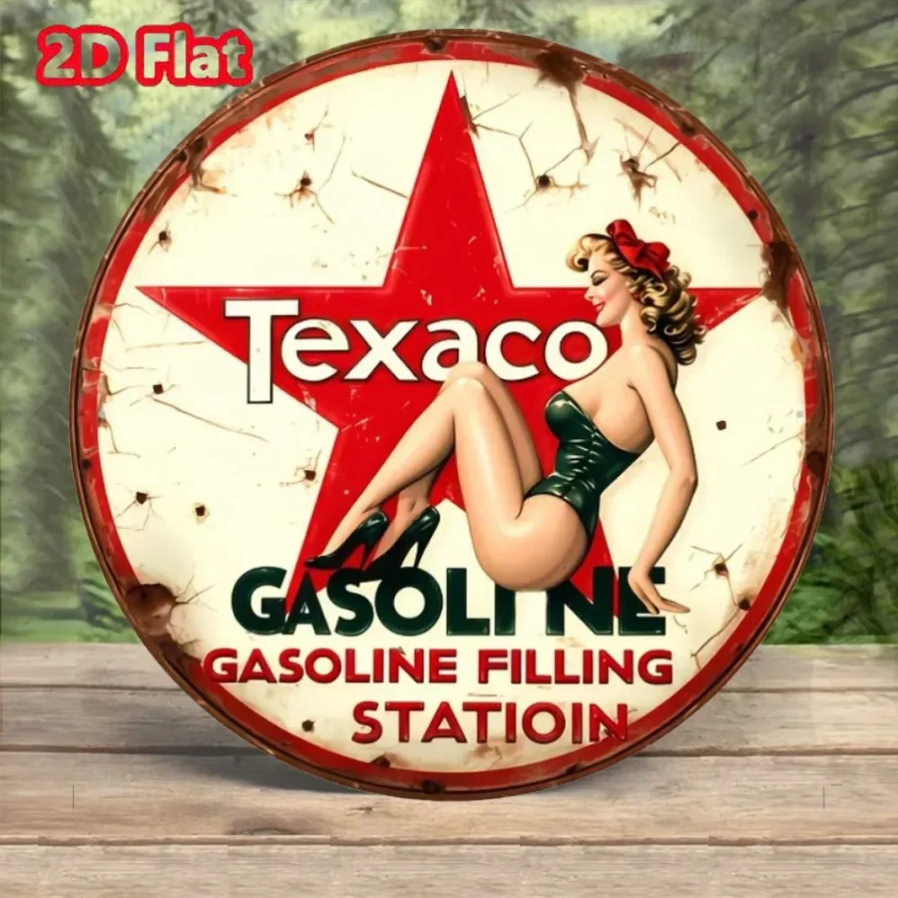 Vintage Pin‑up Girl Gas Station Round Metal Tin Sign,Retro Aluminum Wall Plaque Decor Garage Man Cave Bar Wall Art Decoration