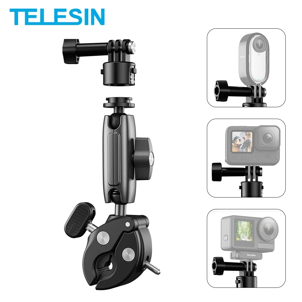 TELESIN Quick-release Cycling Motorcycle Clip  for GoPro Hero 13 12 11 10 Camera Accessory 360° Magic Arm Aluminum alloy Clamp