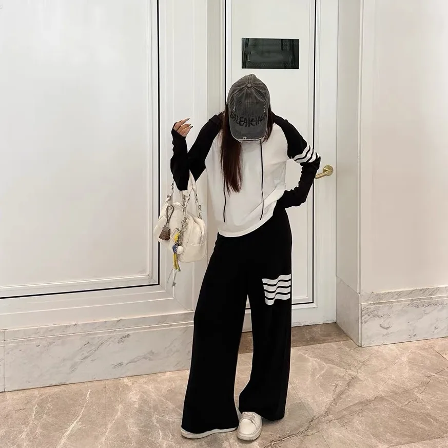 Ensemble tricoté à capuche décontracté en mélange de laine, haut de gamme, couleur Blo, pantalon à jambes larges, Sli Age-Defng, ensemble deux pièces pour femmes