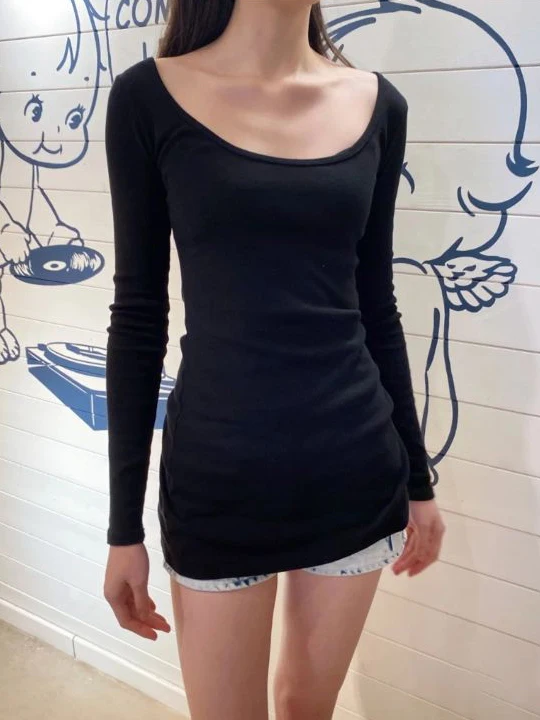 

Solid Slim Long Sleeve T-shirt Dress Women Spring Sexy Scoop Neck Cotton Tee Shirts Casual Simple Sweet Tshirts Y2k Tops New