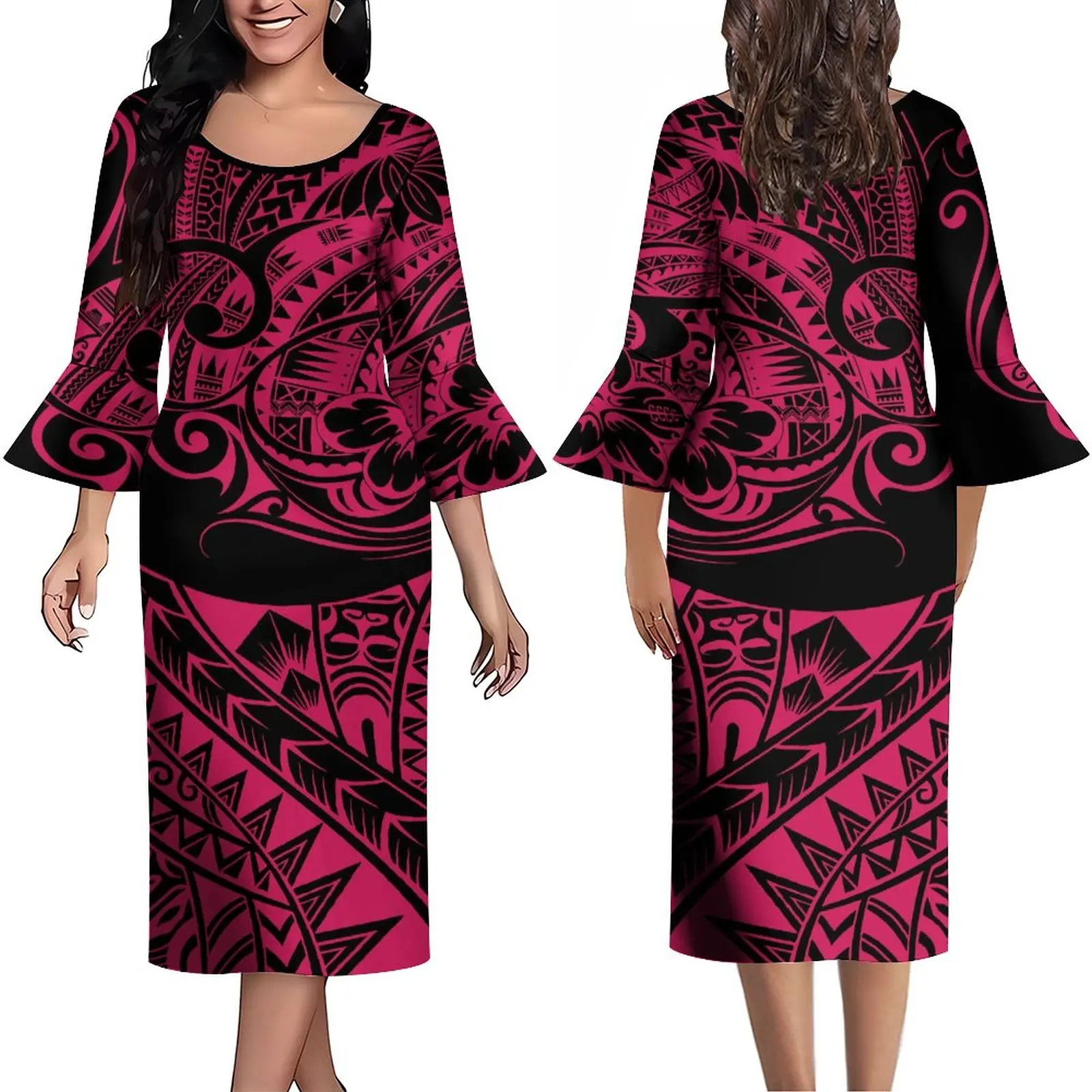 

Custom Ethos Slim Dress Vintage Tribal Design Women's Dress Polynesian Maxi Dress Summer Long Sleeve Dress