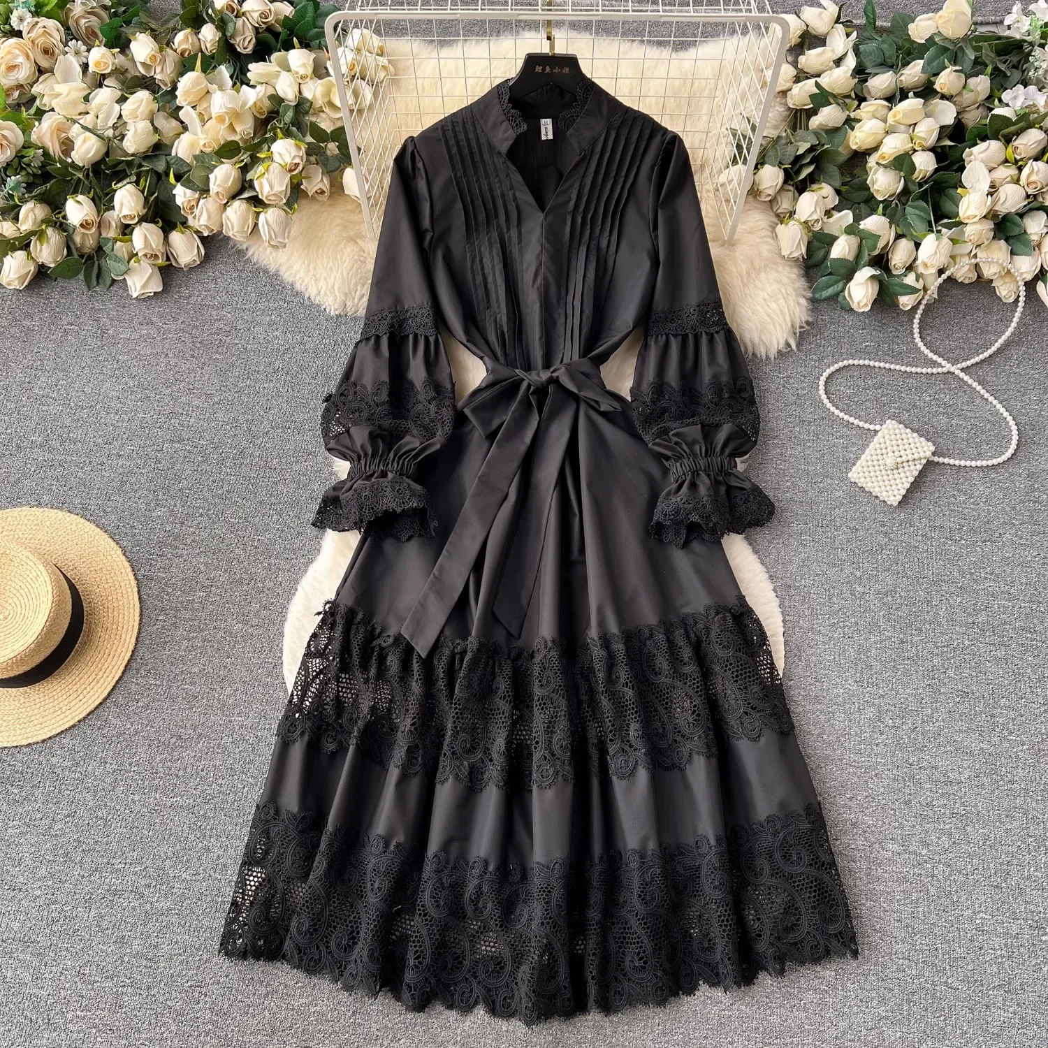 

Spring Summer New Holiday Loose White Lace Prom Dress Women V Neck Long Flare Sleeve Belt Solid Evening Female Party Vestido