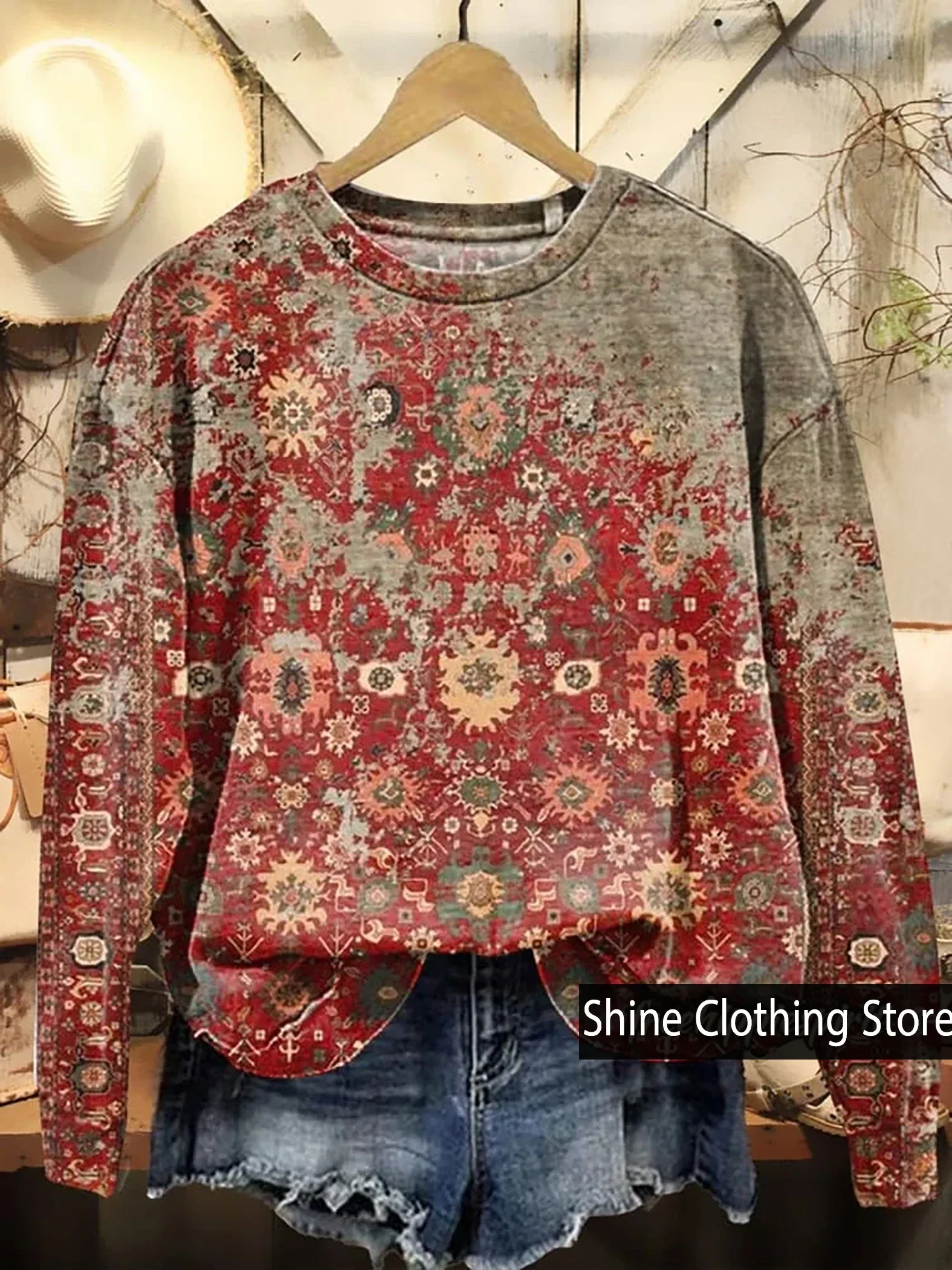 

New Design Women's Boho Ethnic Print Casual Sweatshirt O-Neck Comfortable T-Shirt Size S To 5XL