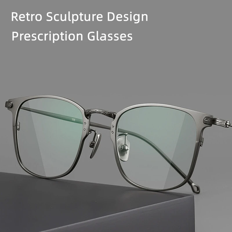 Fashion Pure Titanium Ultra Light Retro Carved Design Men Anti Blue Light Eyeglasses Frame Matched Optical Prescription Glasses