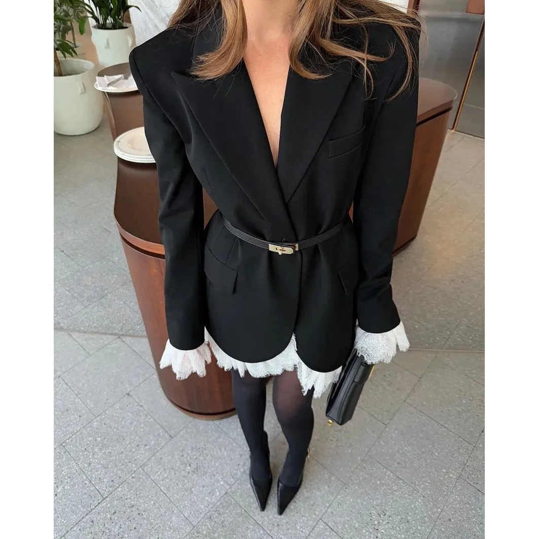 

Ele Lace Patchwork Coats for Women Autumn 2025 Cleanfit Sle Thin Material Fake Two-Piece Design Online And Offli...