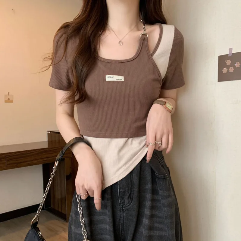 Women Halter Neck Hollow Out Buckle Patchwork Skinny Short Sleeve T Shirt Street Fashion Crop Top Harajuku Irregular Tee Shirts