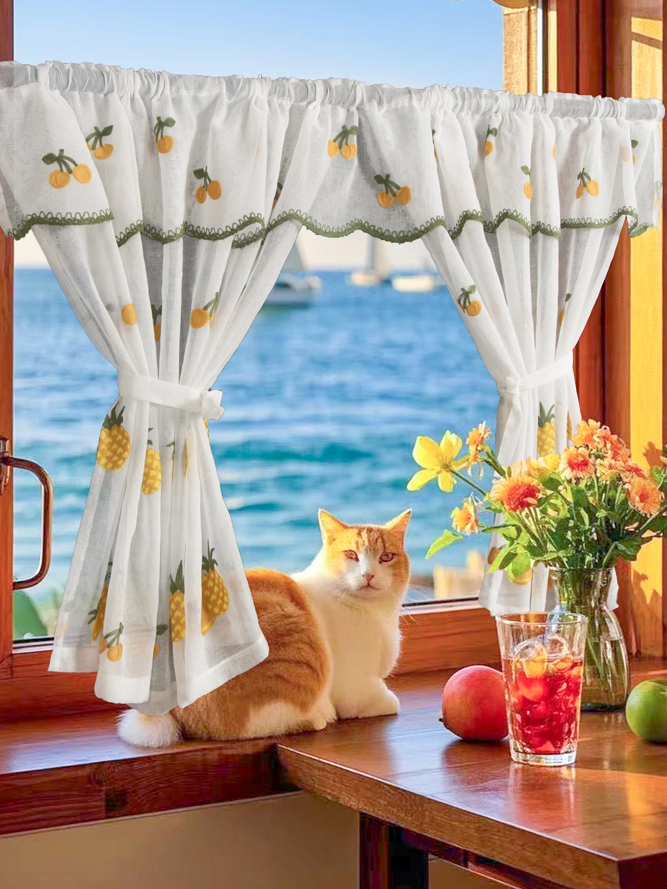 Rustic Yellow Pineapple Embroidery Window Curtain Sheers Small Size for Living Room Bedroom Kitchen Decor Thin Short Curtain