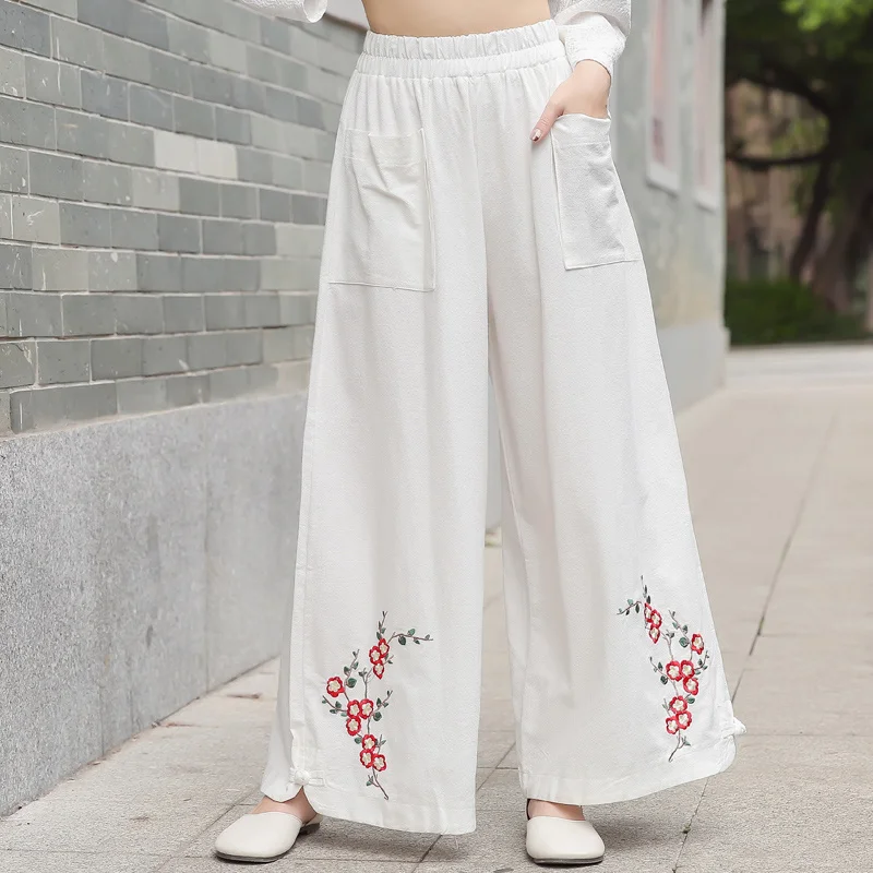 

Chinese Fashion Harajuku Wide Leg Pants Women Cotton Linen Vintage Pantalones Casual National Style Embroidery Trousers