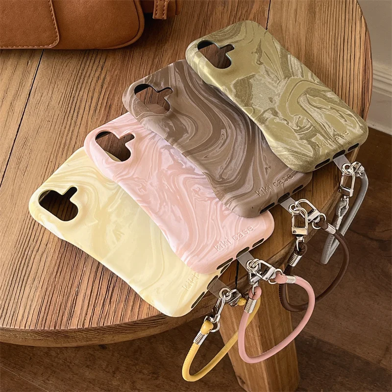 Luxury Silk Satin Textured Phone Case For iPhone 16 Pro 12 13 14 15 Pro Max 14pro Cover with Hand Rope Strap Cute Fabric Cases