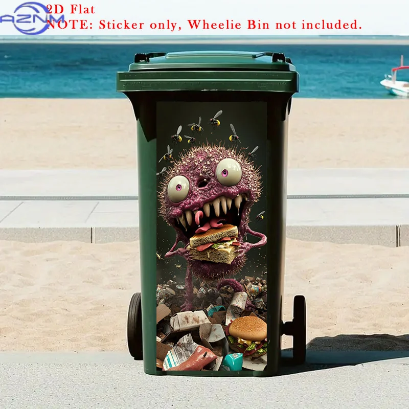 Monster Eating Trash Can Sticker - Scary Monster with Big Eyes & Sharp Teeth, Glossy PVC Self-Adhesive Decal for Plastic/Glass