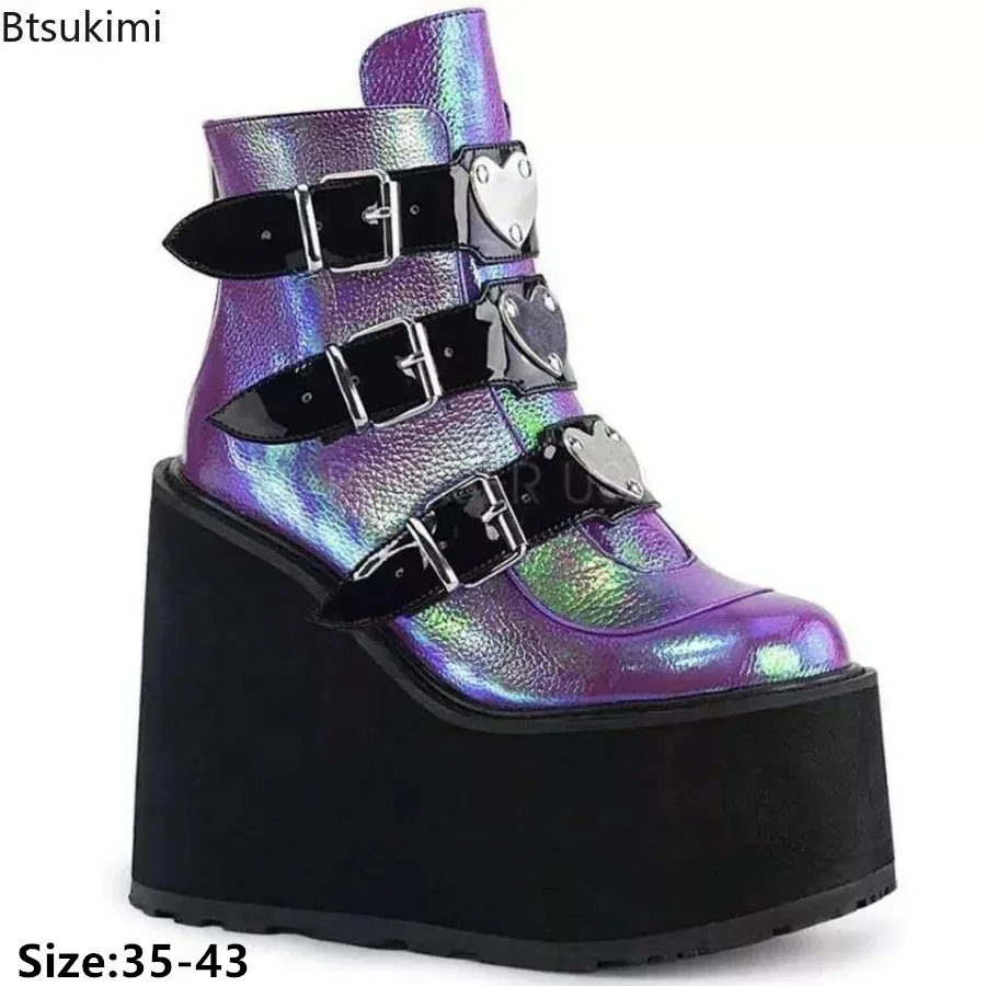 

New 2024 Women's Plus Size Ankle Boots Wedge Super High Heel Gothic Metal Heart Sneakers Ladies Belt Round Toe Lolita Punk Shoes