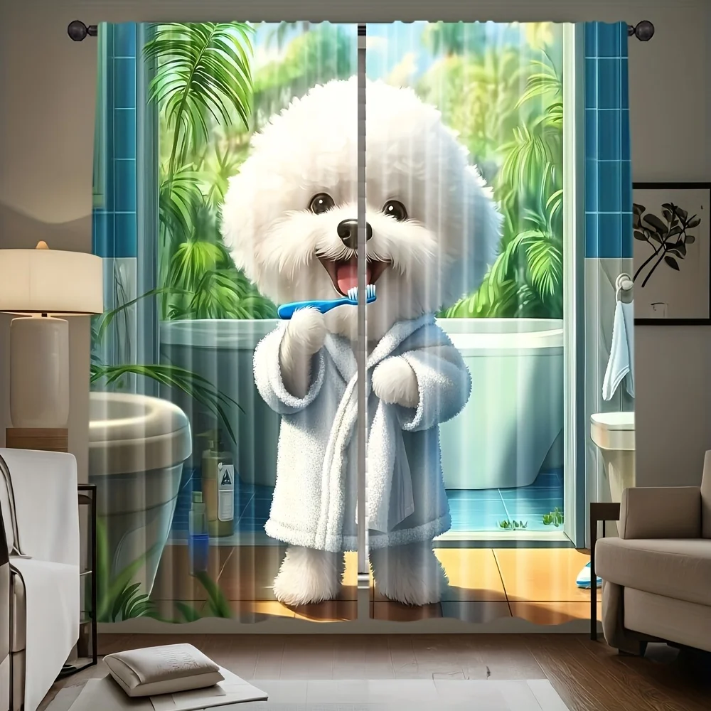 2 Panels Cute Bichon Frise Dog Art Curtains Decorative for Bedroom Living Room Office Home Decor Two Pieces Window Drapes