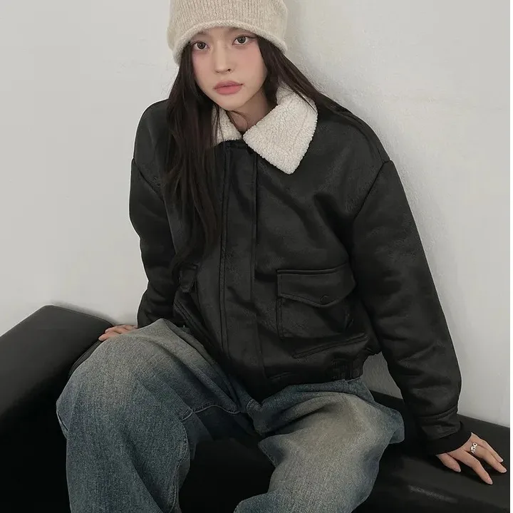 เสื้อแจ็คเก็ตหนังแกะแท้สำหรับผู้หญิง รุ่น East Gate สำหรับฤดูใบไม้ร่วงและฤดูหนาว ขนแกะและหนังแท้ อุ่นสบาย สไตล์นักขี่มอเตอร์ไซค์