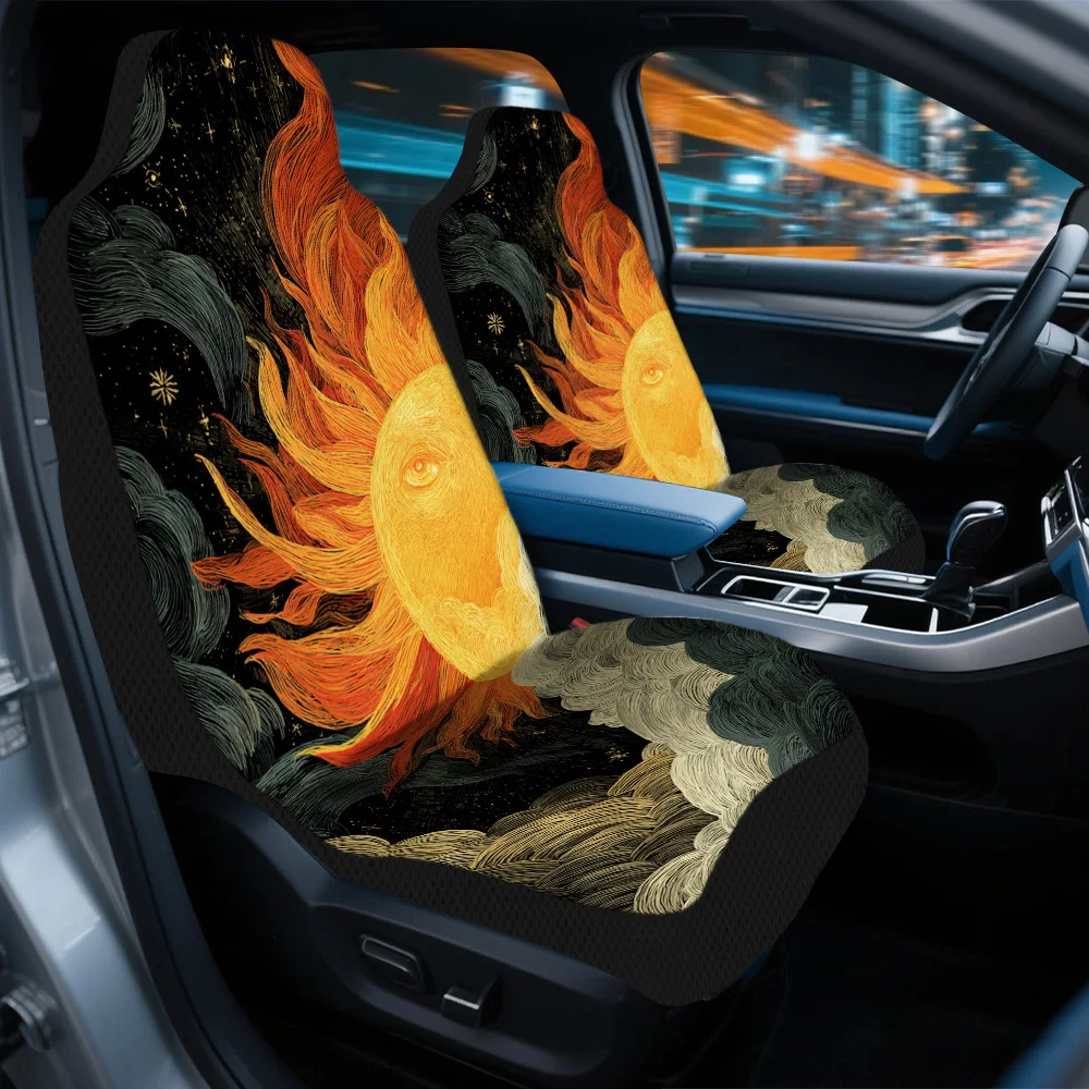 2pcs Fiery Sunburst & Stars Print Car Seat Covers Compatible For Cars, Trucks, Vans, SUVs - Fit Durable Seat Protectors With Eas