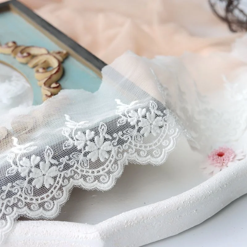 8CM Wide Luxury Tulle White Mesh Embroidery Floral Lace Ribbon Wedding Dress Collar Neckline Trim DIY Craft Sewing Guipure Decor