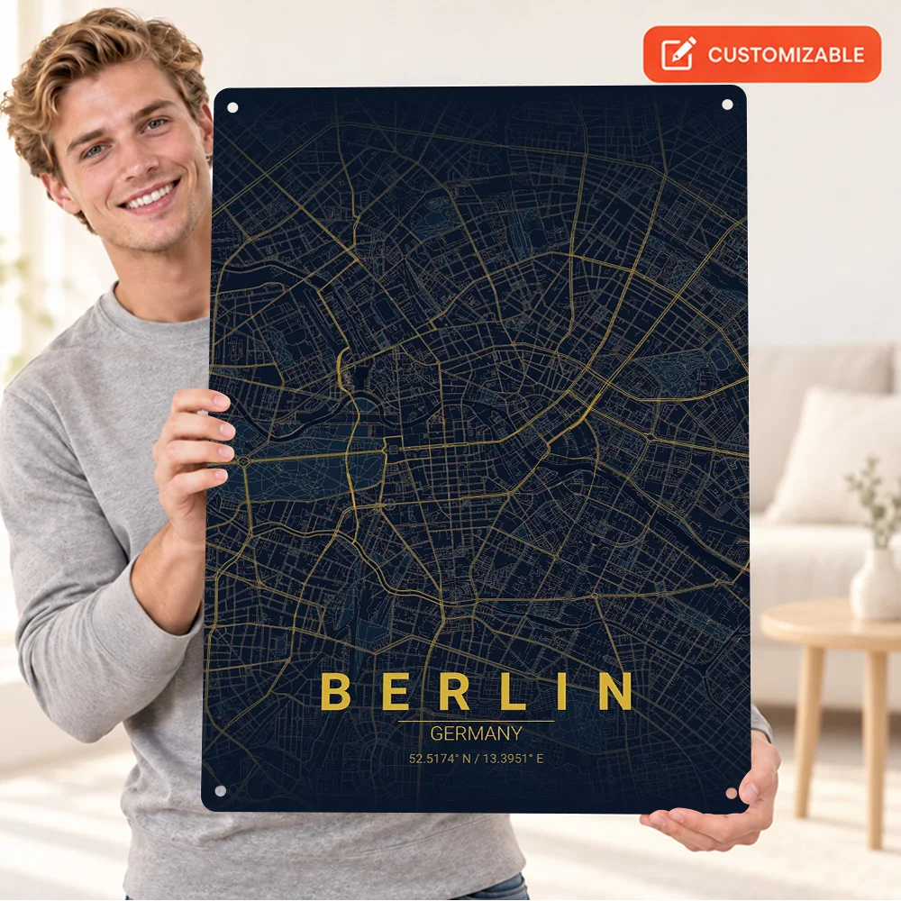 Berlin City Map Aluminum Poster Retro Bold Contemporary Illustration Entryway Wall Art Personalized Metal Sign Wanderlust Gift