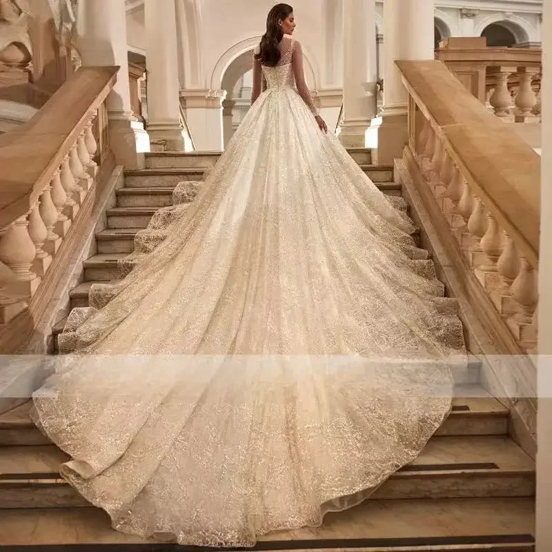 On Zhu Customized Sparkly Beaded Crystal Sequin Ball Gown Wedding Dresses Backless Court Train Tulle Bridal vestidos de novia