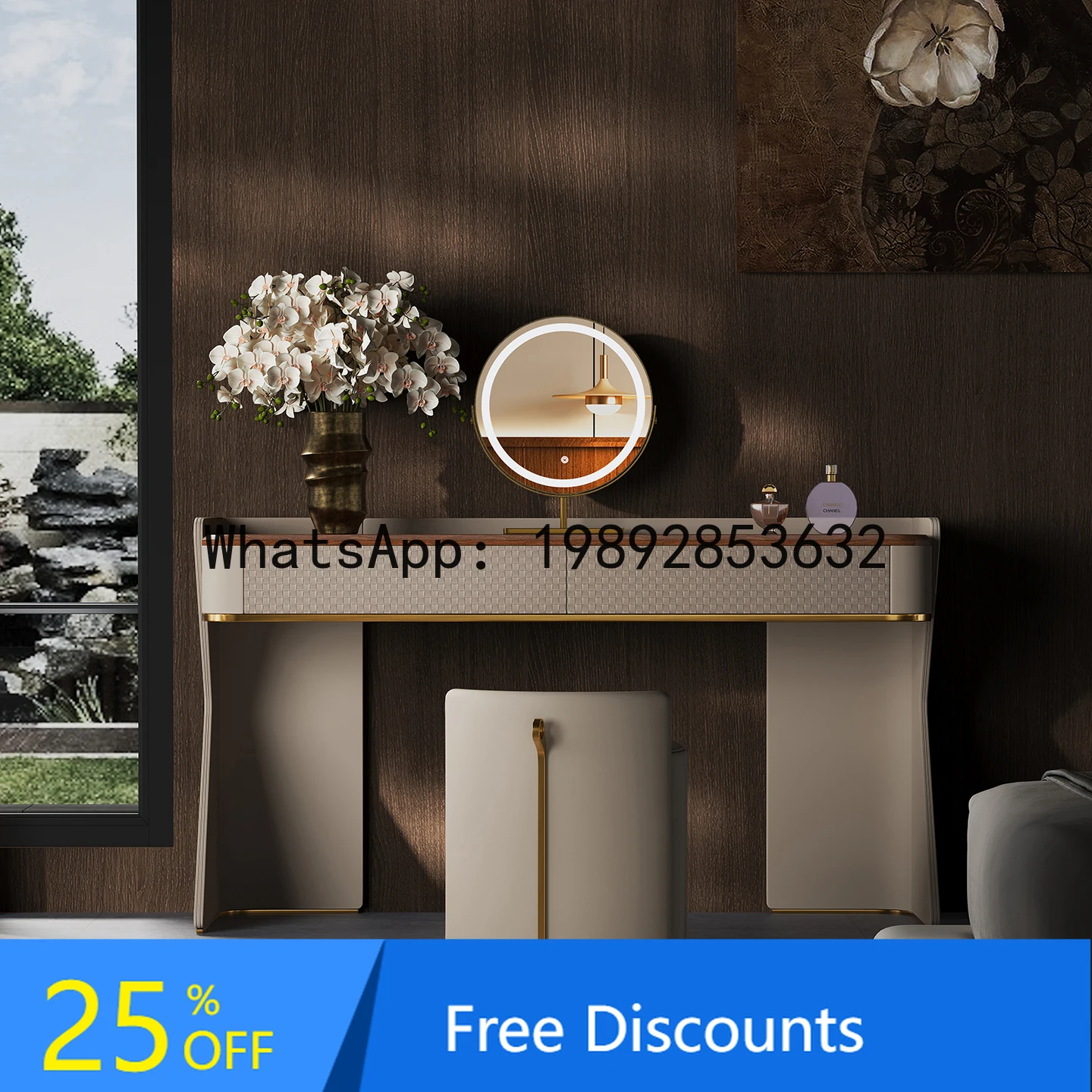 

XL Luxury Vanity Table Bedroom Makeup Desk Italian Minimalist Walnut Solid Wood High-End Vanity Table