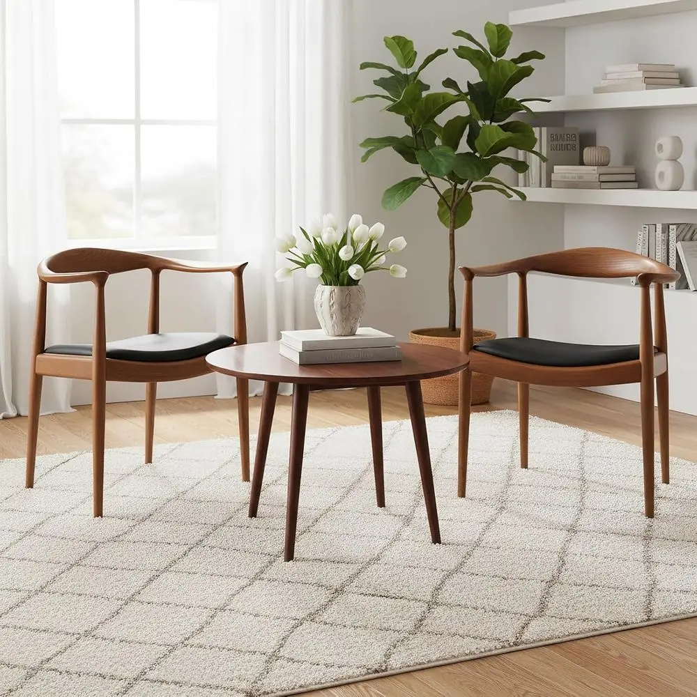 Leather Dining Chairs Set o 2, Wooden Chairs with Arms (Chestnut) | Solid Ash Wood, PU Upholstered Seat, Ergonomic Backrest, Ken