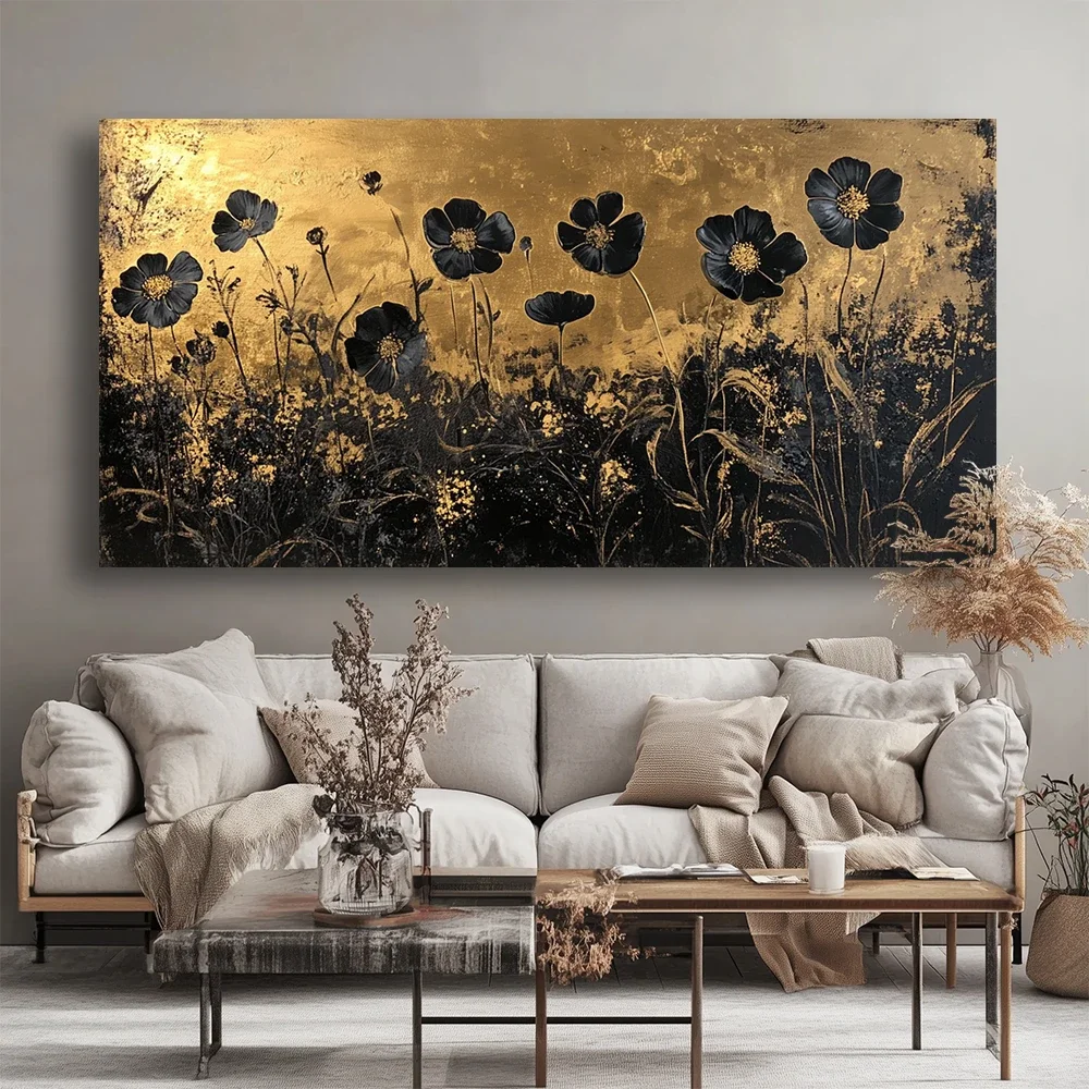 Modern Black Floral Poster, Abstract Floral Decoration, Retro And Modern Style Suitable For Living Room, Bedroom,No Frame