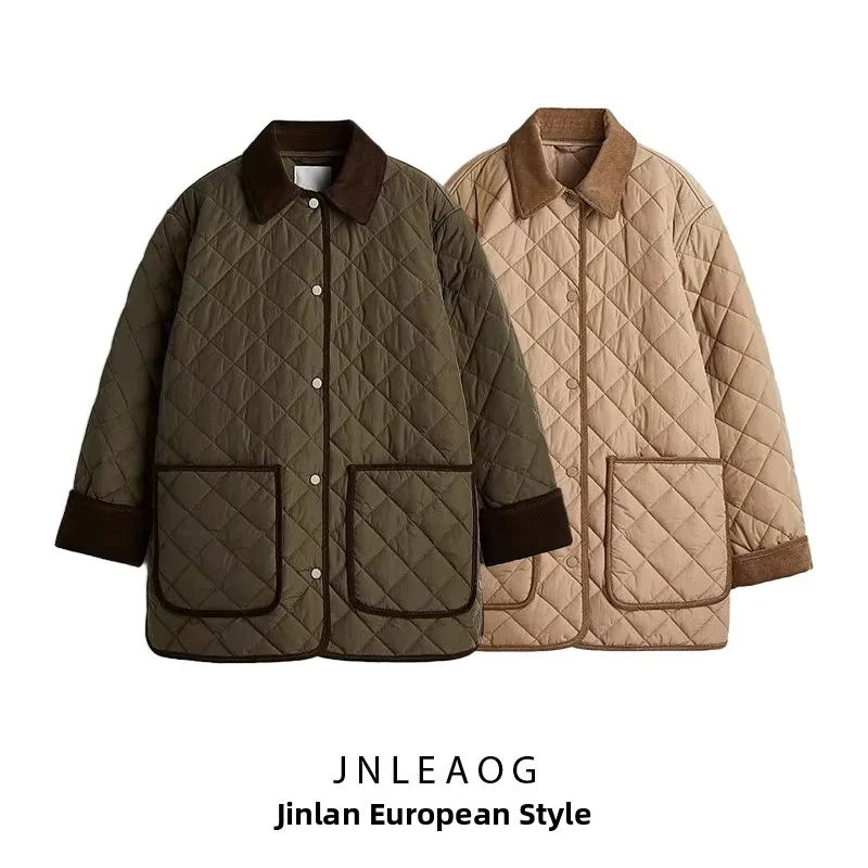 

JNLEAOG Women's Loose Fit Quilted Collar Jacket American Barn Style Cotton Coat Streetwear Straight Leg Long Sleeve Zipper